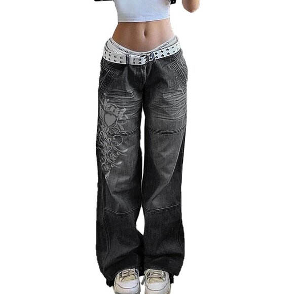 Pants - Women's Wide Leg Denim Cargo Pants Low Rise Heart Pattern Baggy Jeans